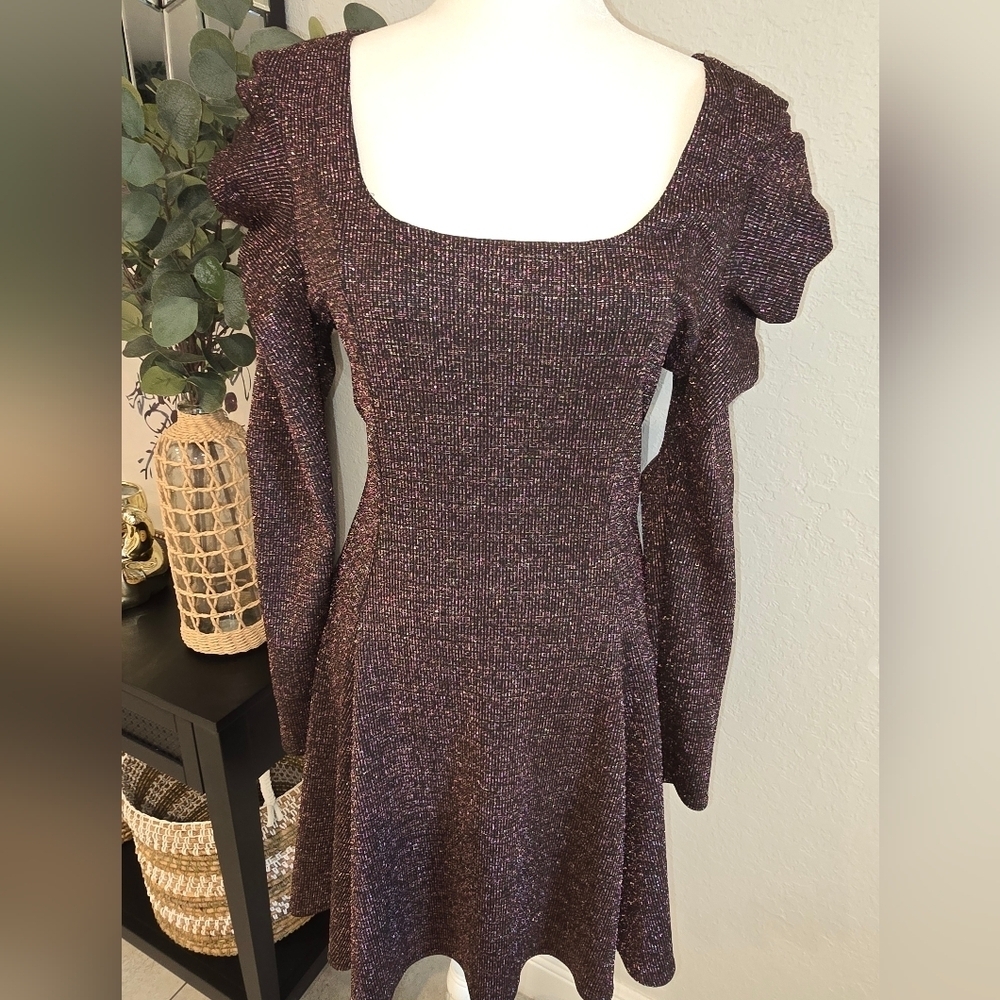 Aqua Puff Sleeve Mettallic Dress